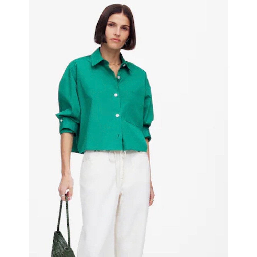 Madewell Green Cotton Utility Shirt Jacket Button Front Roll Tab Sleeves M